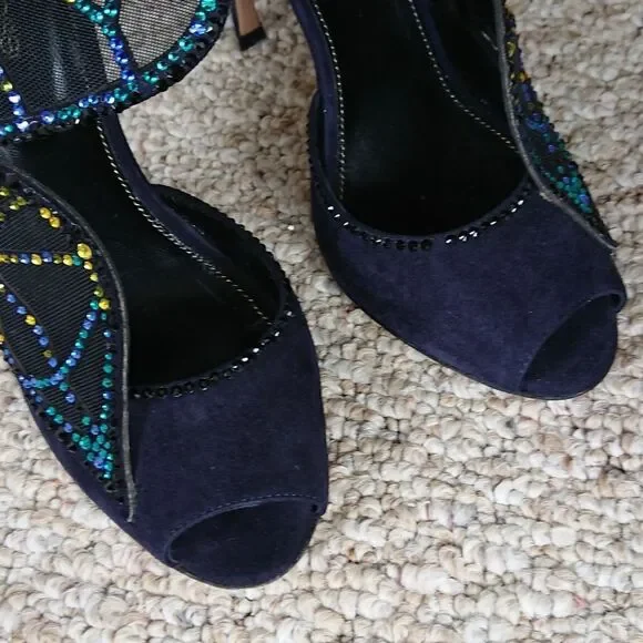 Sergio Rossi Poetic Surrealism night blue butterfly suede heels size 6.5 - Picture 11 of 16